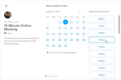 Calendly.com Example Meeting Booking Screen