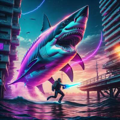 massive megalodon shark with laser guns jumping out of the ocean attacking a diver along the seaside of a modern tech city