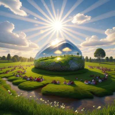 a large solid shiny rock in the middle of the grass field lit with sun rays from a gap in the clouds, people worshiping around the rock in amazement